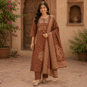 Beautiful Plus Size Chocolate Brown Cotton Blend Printed 3 Piece Suit Set for Women with Dupatta, Ethnic Kurta, Pant & Dupatta - (CMHT0574)