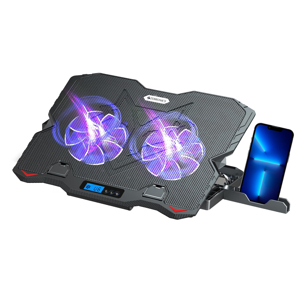 Zebronics NC5500D Laptop Cooler with Dual 125mm Fans, Silent Operation, Adjustable Fan Speed, Display, USB & 5-Step Stand