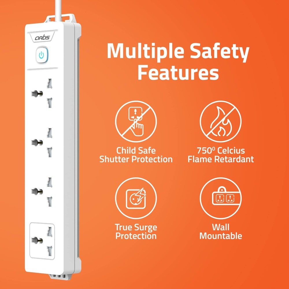 Artis AR-4SS 4 Universal Sockets with Single Switch & Child Safe Shutter Protection