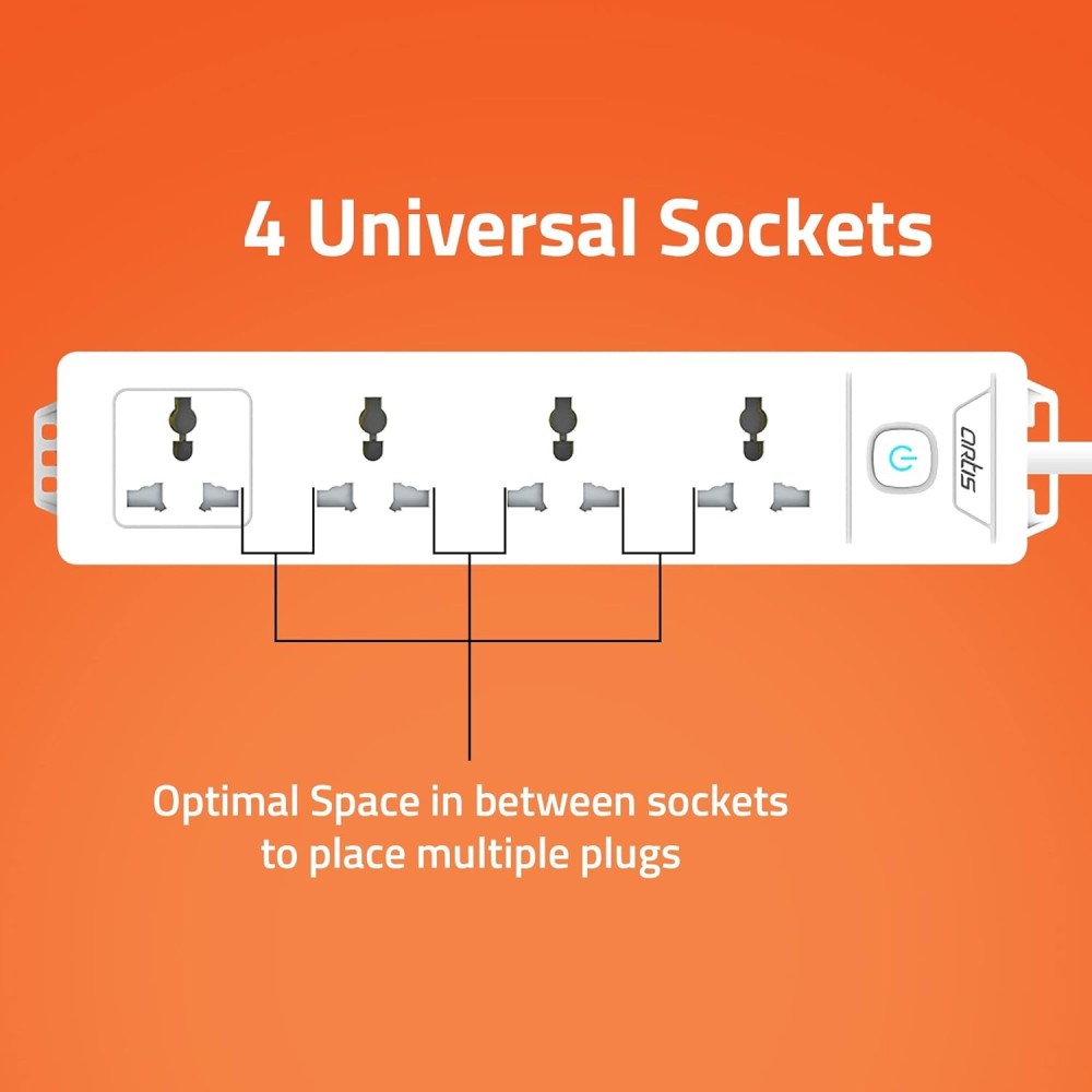 Artis AR-4SS 4 Universal Sockets with Single Switch & Child Safe Shutter Protection