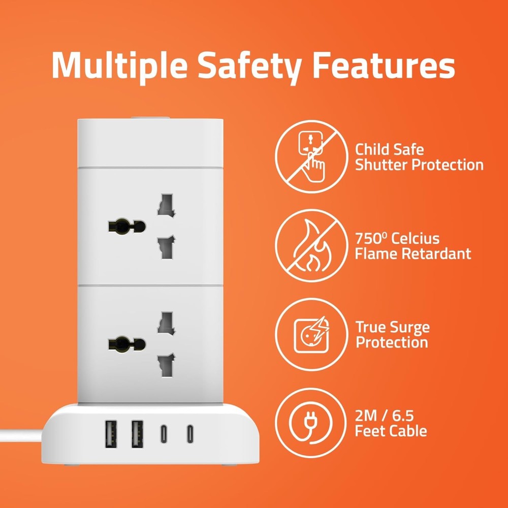 Artis AR-8SS-4USBCB 8 Universal Sockets with 2 USB-A & 2 USB-C Port with Circuit Breaker Surge Protector.