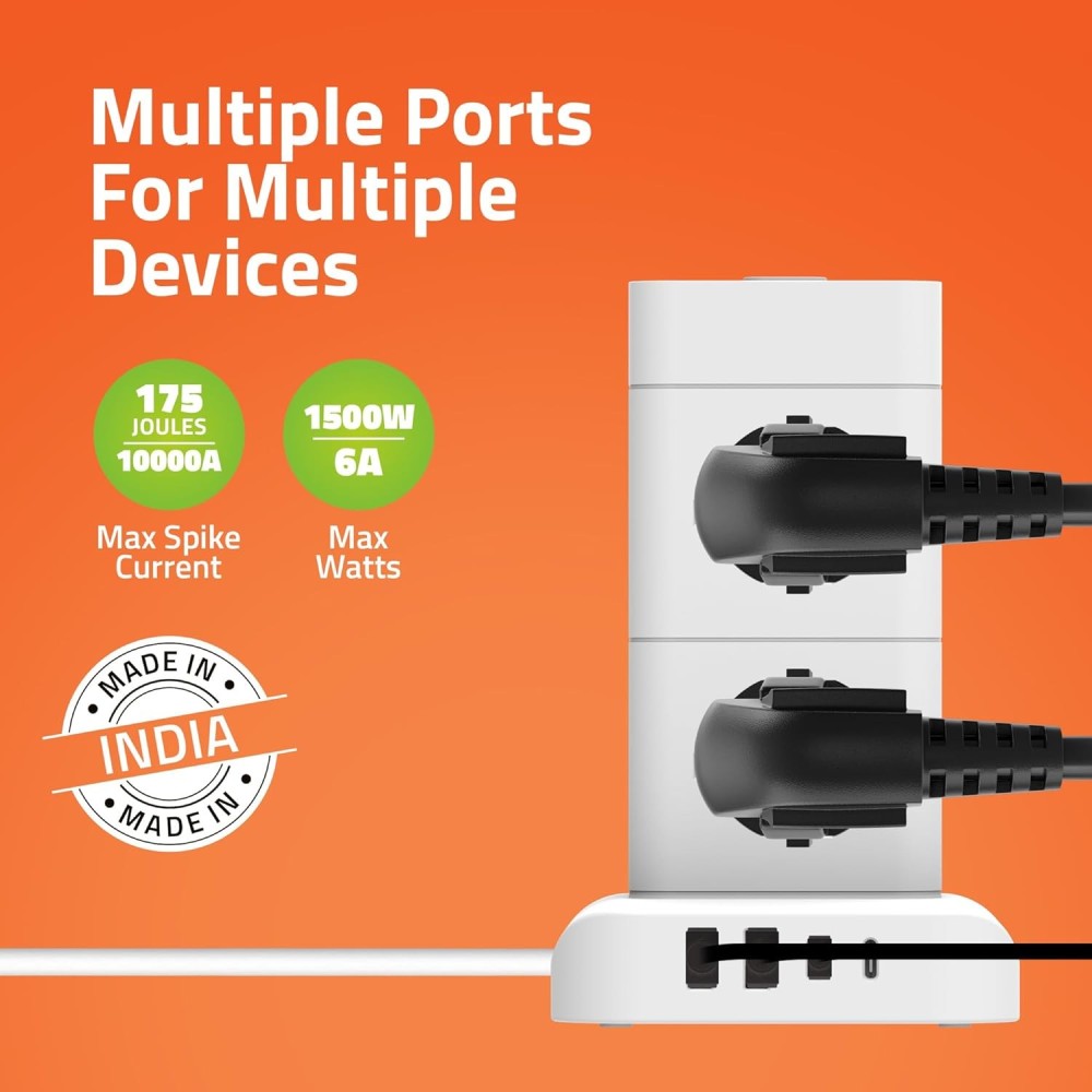 Artis AR-8SS-4USBCB 8 Universal Sockets with 2 USB-A & 2 USB-C Port with Circuit Breaker Surge Protector.