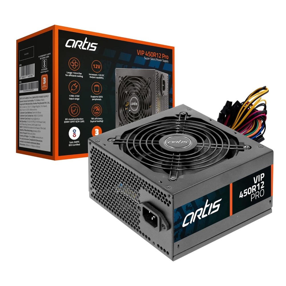VIP 450R12 Pro SMPS Computer Power Supply Unit 120mm Smart Temperature Control Fan Supports The Latest ATX 12V Intel & AMD Platforms, Hi-Pot Tested (Black)