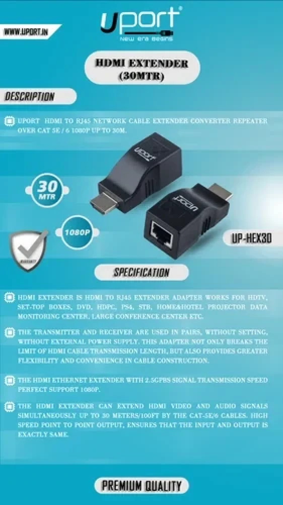 UPORT 30M HDMI Extender 1080P HDMI to RJ45 over Cat6 UTP Cable, HDMI 1.4 CCTV Video Extender, Self-Powered