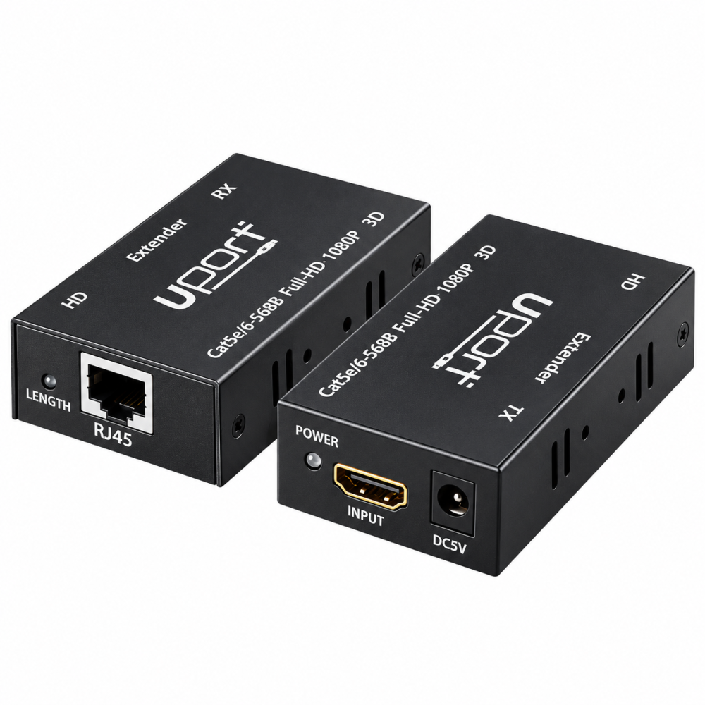 UPORT 60M HDMI Extender HDMI to RJ45 over Cat6 Cable, 1080p Full HD HDMI Extender for CCTV, PC, TV & Media Devices with External Adapter