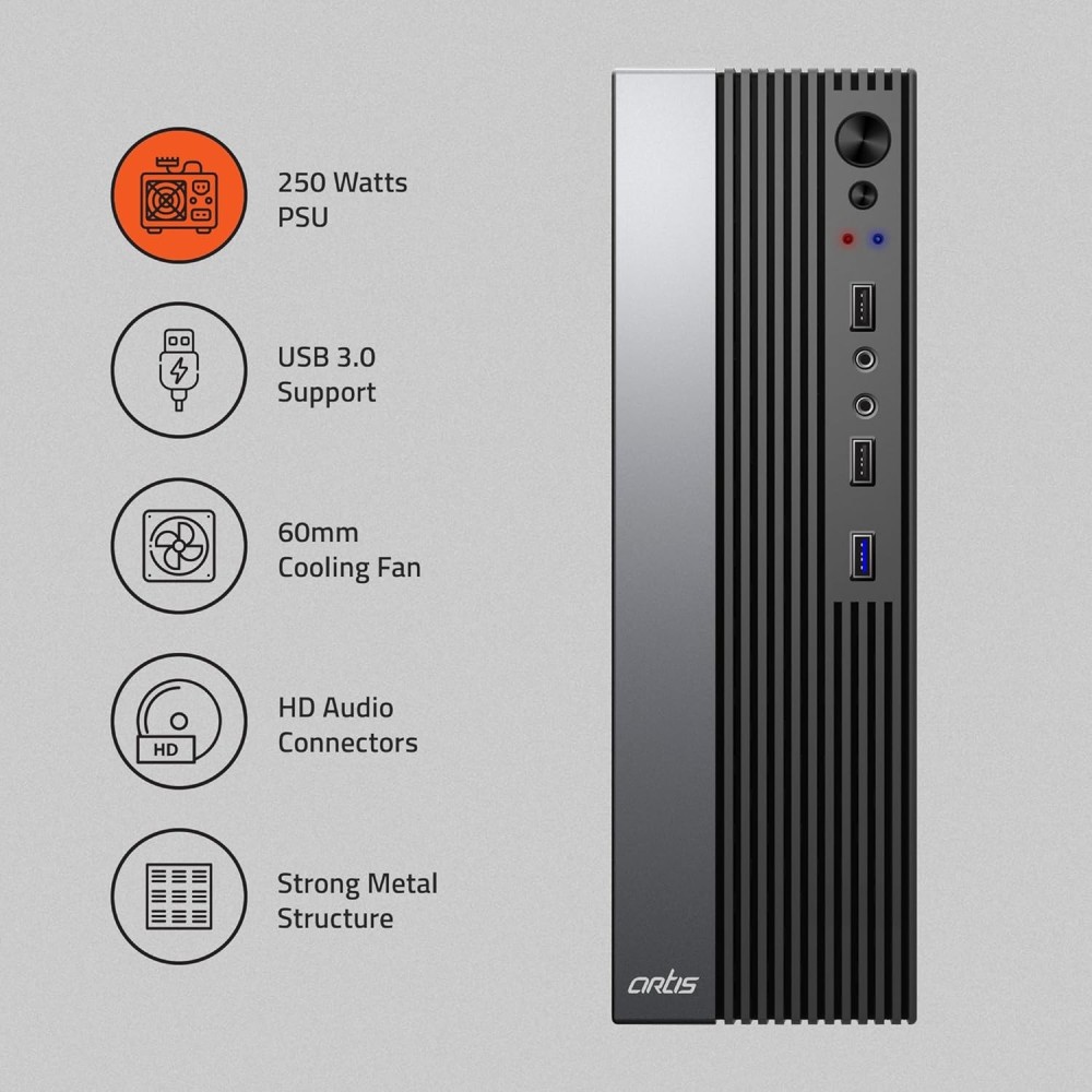 Artis Atom 3.0 Slim Computer Cabinet Support Micro ATX/ITX Motherboard,1 x 60 mm Fan with VIP 250 Watt Power Supply