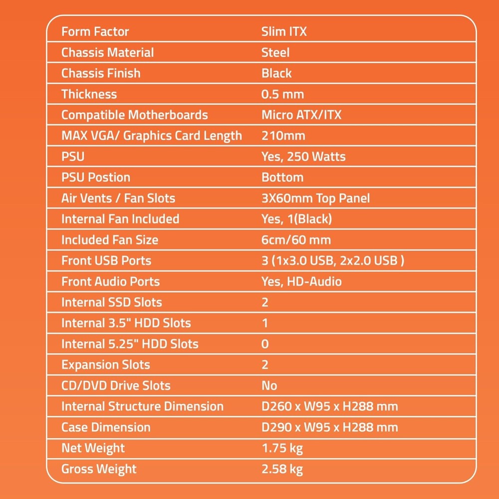 Artis Atom 3.0 Slim Computer Cabinet Support Micro ATX/ITX Motherboard,1 x 60 mm Fan with VIP 250 Watt Power Supply