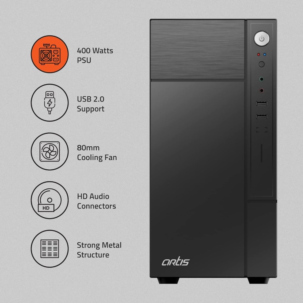 Artis 2220 2.0 Computer Cabinet Support Micro ATX Motherboard, 1 x 80mm Fan with 400W Power Supply