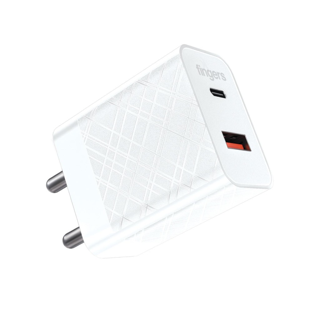 FINGERS PA-Fast-C20 27W Fast Charging Mobile Adapter with Dual USB Ports, USB-A Quick Charge & USB-C Power Delivery (PD), Compatible with iOS & Android Devices – (Classic White)