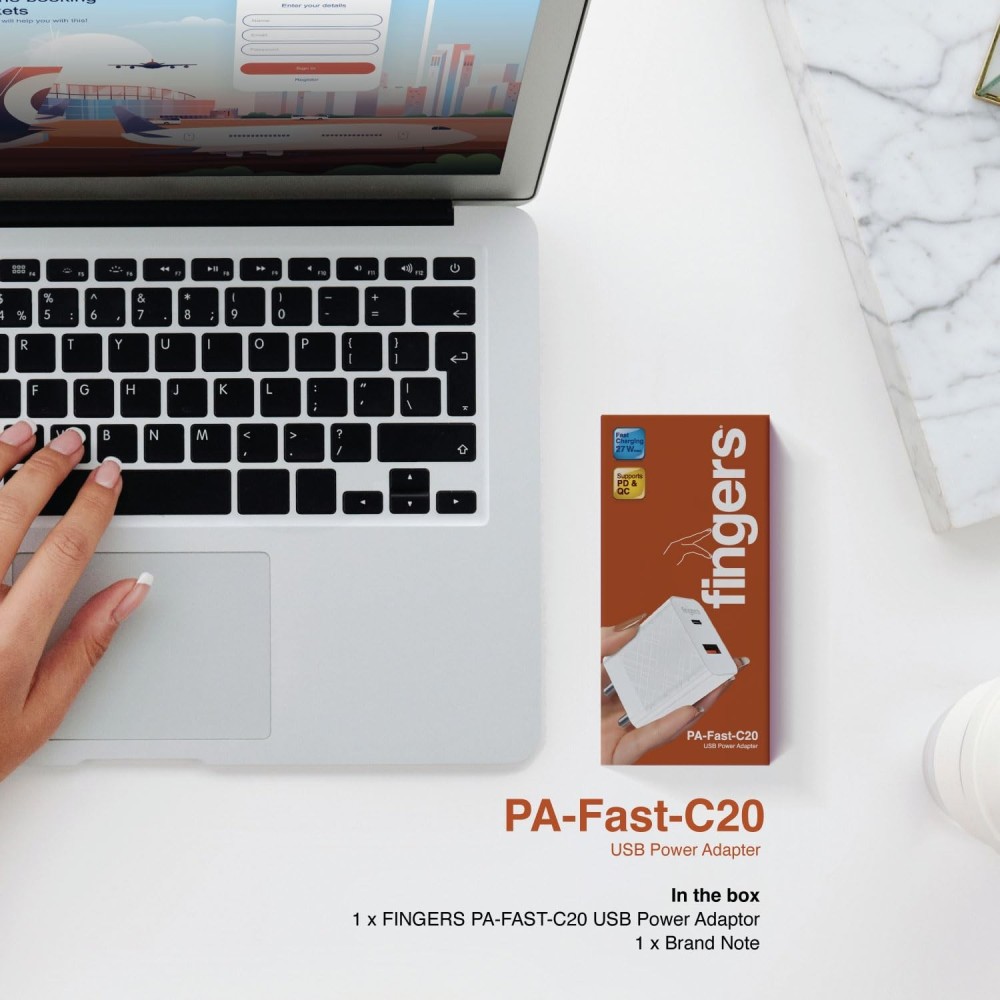 FINGERS PA-Fast-C20 27W Fast Charging Mobile Adapter with Dual USB Ports, USB-A Quick Charge & USB-C Power Delivery (PD), Compatible with iOS & Android Devices – (Classic White)