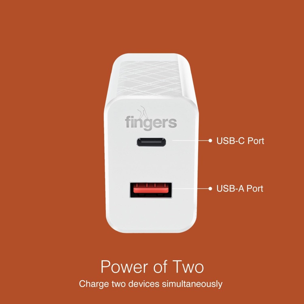 FINGERS PA-Fast-C20 27W Fast Charging Mobile Adapter with Dual USB Ports, USB-A Quick Charge & USB-C Power Delivery (PD), Compatible with iOS & Android Devices – (Classic White)