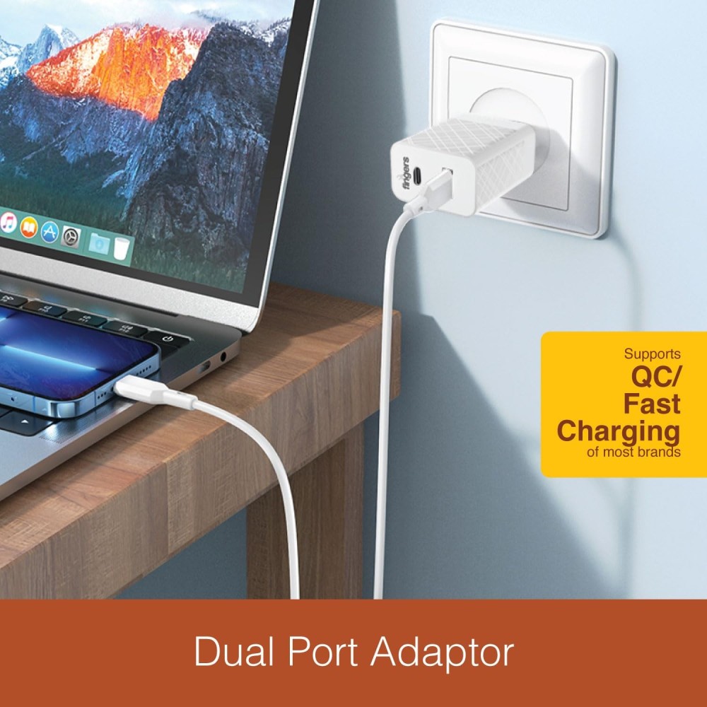 FINGERS PA-Fast-C20 27W Fast Charging Mobile Adapter with Dual USB Ports, USB-A Quick Charge & USB-C Power Delivery (PD), Compatible with iOS & Android Devices – (Classic White)