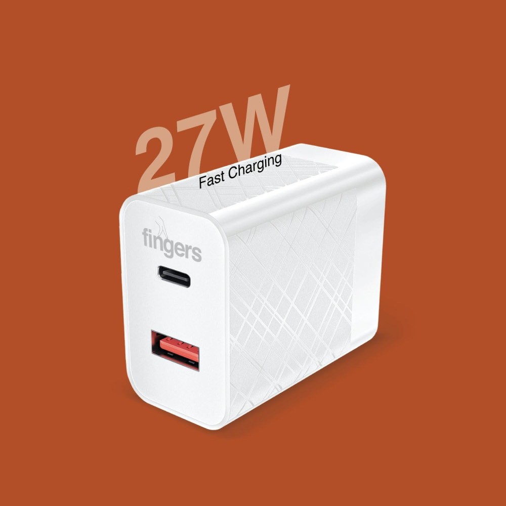FINGERS PA-Fast-C20 27W Fast Charging Mobile Adapter with Dual USB Ports, USB-A Quick Charge & USB-C Power Delivery (PD), Compatible with iOS & Android Devices – (Classic White)