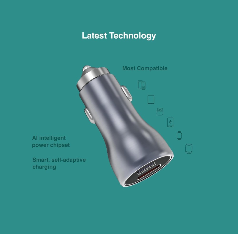 FINGERS DoublePower 50W Dual Port Car Charger with USB-C PD & USB-A QC Fast Charging, AI Intelligent Chipset, Compatible with Smartphones, Tablets & Smartwatches - (Grey)
