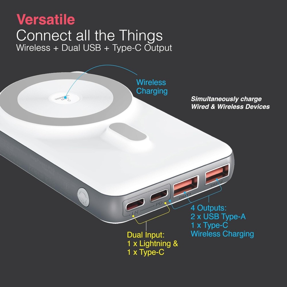 FINGERS MagPower-P10 10,000mAh Wireless Power Bank with 22.5W Wired & 15W MagSafe Wireless Fast Charging, Digital Display, 4 Outputs & 2 Inputs – Compatible with iPhone 12 & Above, Android & Qi-Enabled Devices - (White)