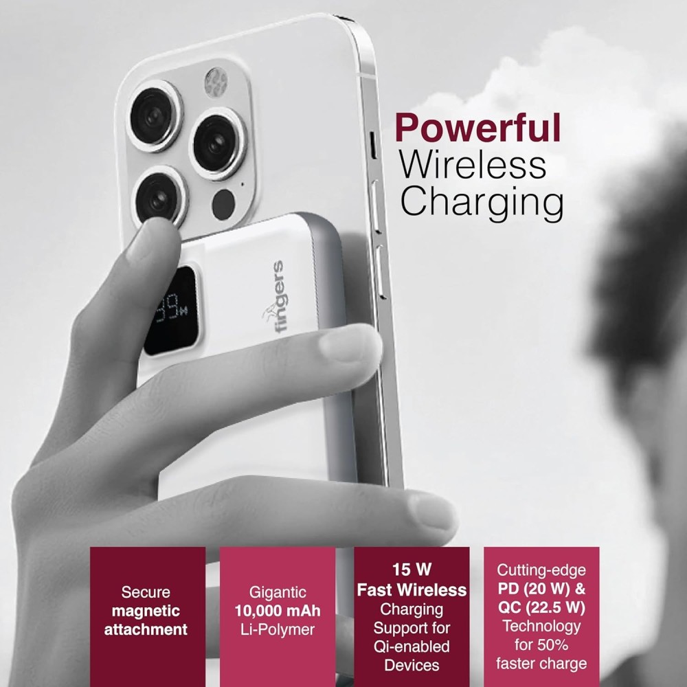 FINGERS MagPower-P10 10,000mAh Wireless Power Bank with 22.5W Wired & 15W MagSafe Wireless Fast Charging, Digital Display, 4 Outputs & 2 Inputs – Compatible with iPhone 12 & Above, Android & Qi-Enabled Devices - (White)