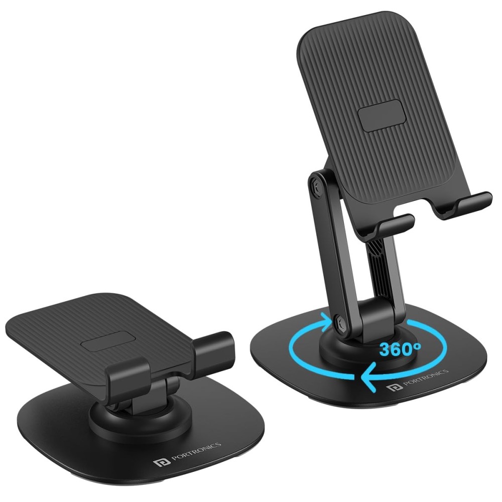 Portronics Mobot III 360° Rotatable & Foldable Mobile Holder Stand with Adjustable Height, Metal Base & Anti-Skid Pad for Smartphones, Tablets, iPad & Kindle – (Black)