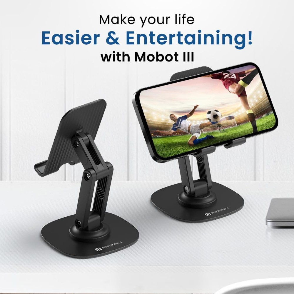 Portronics Mobot III 360° Rotatable & Foldable Mobile Holder Stand with Adjustable Height, Metal Base & Anti-Skid Pad for Smartphones, Tablets, iPad & Kindle – (Black)
