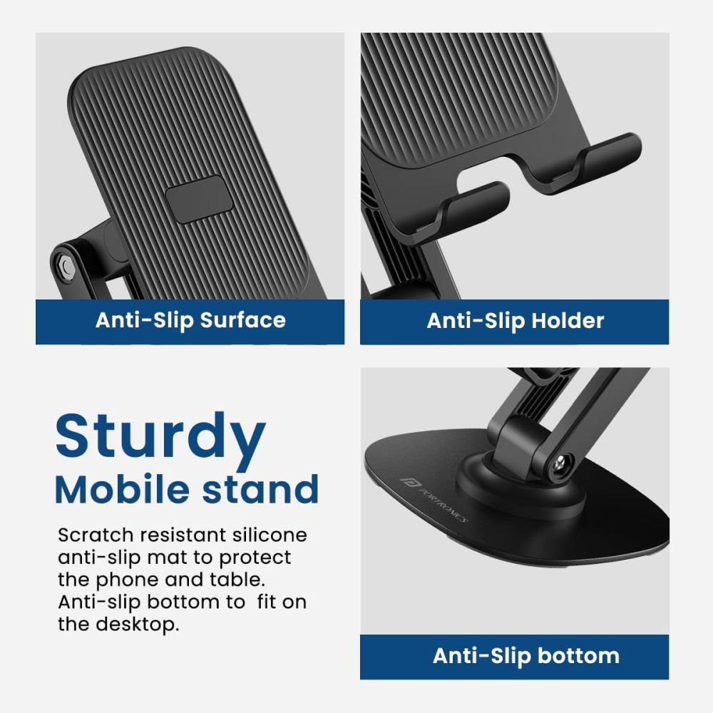 Portronics Mobot III 360° Rotatable & Foldable Mobile Holder Stand with Adjustable Height, Metal Base & Anti-Skid Pad for Smartphones, Tablets, iPad & Kindle – (Black)