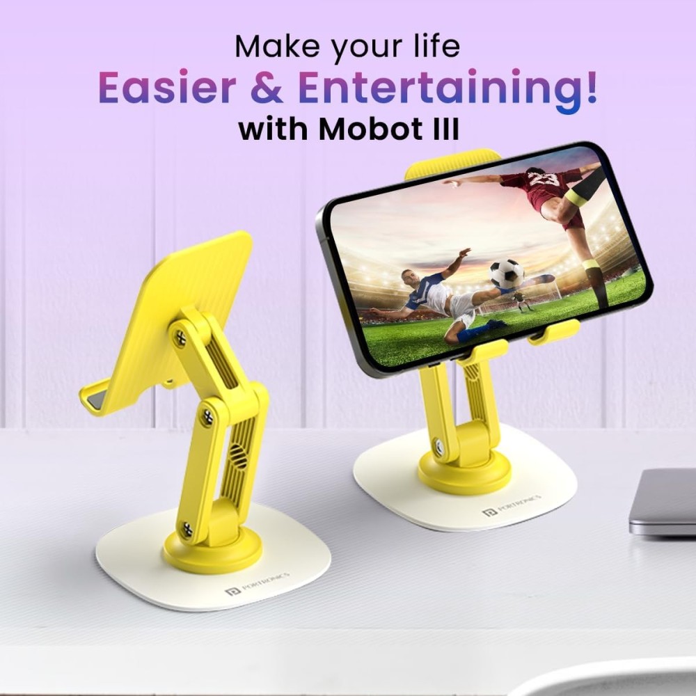 Portronics Mobot III 360° Rotatable & Foldable Mobile Phone Holder Stand with Adjustable Height, Metallic Base, Anti-Skid Pad for Smartphones, Tablets, iPad & Kindle(Yellow)