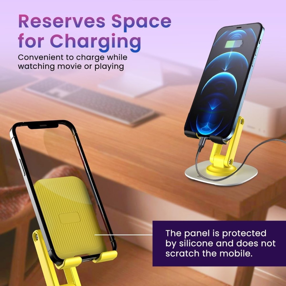 Portronics Mobot III 360° Rotatable & Foldable Mobile Phone Holder Stand with Adjustable Height, Metallic Base, Anti-Skid Pad for Smartphones, Tablets, iPad & Kindle(Yellow)