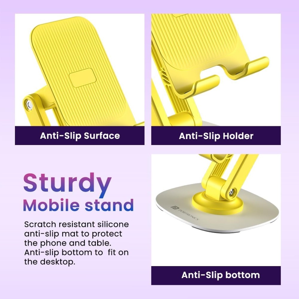 Portronics Mobot III 360° Rotatable & Foldable Mobile Phone Holder Stand with Adjustable Height, Metallic Base, Anti-Skid Pad for Smartphones, Tablets, iPad & Kindle(Yellow)