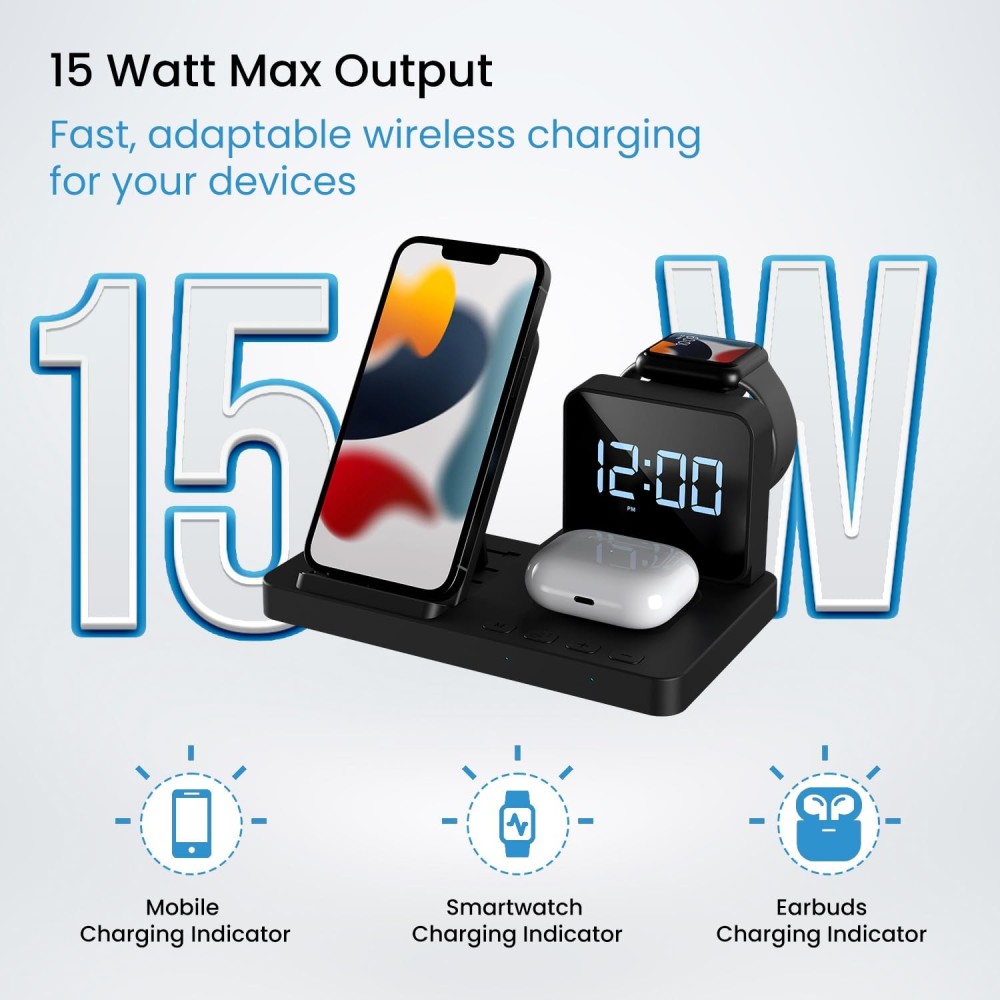 Portronics Bella 15W 3-in-1 Magnetic Wireless Charger for iPhone 15/14/13 Series, Apple Watch & AirPods | Fast Charging Stand(Black)