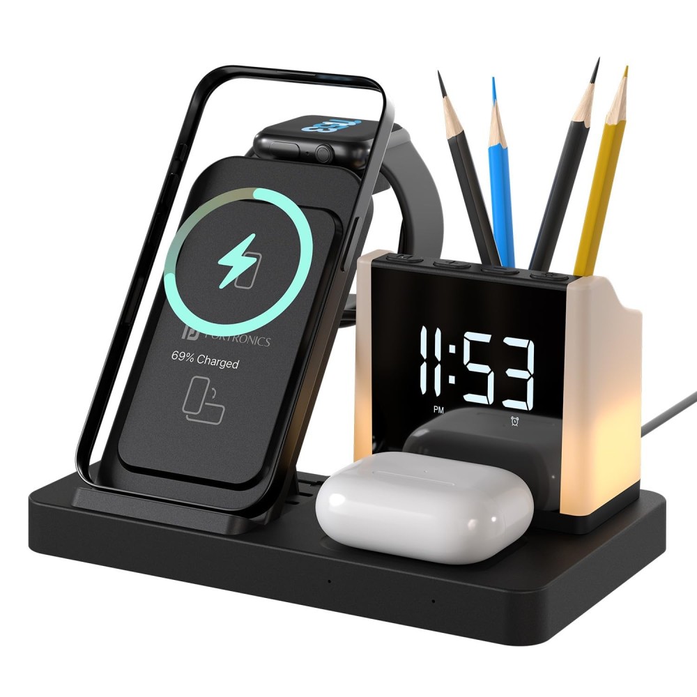 Portronics HexaCharge 6-in-1 15W Fast Magnetic Wireless Charger with LED Lamp & Pen Stand for iPhone 15/14/13/12 Series, Smartwatch & Wireless Earbuds(Black)