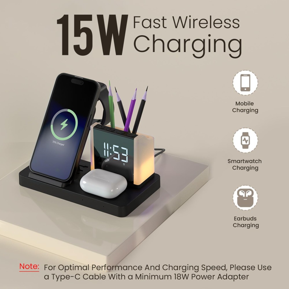 Portronics HexaCharge 6-in-1 15W Fast Magnetic Wireless Charger with LED Lamp & Pen Stand for iPhone 15/14/13/12 Series, Smartwatch & Wireless Earbuds(Black)