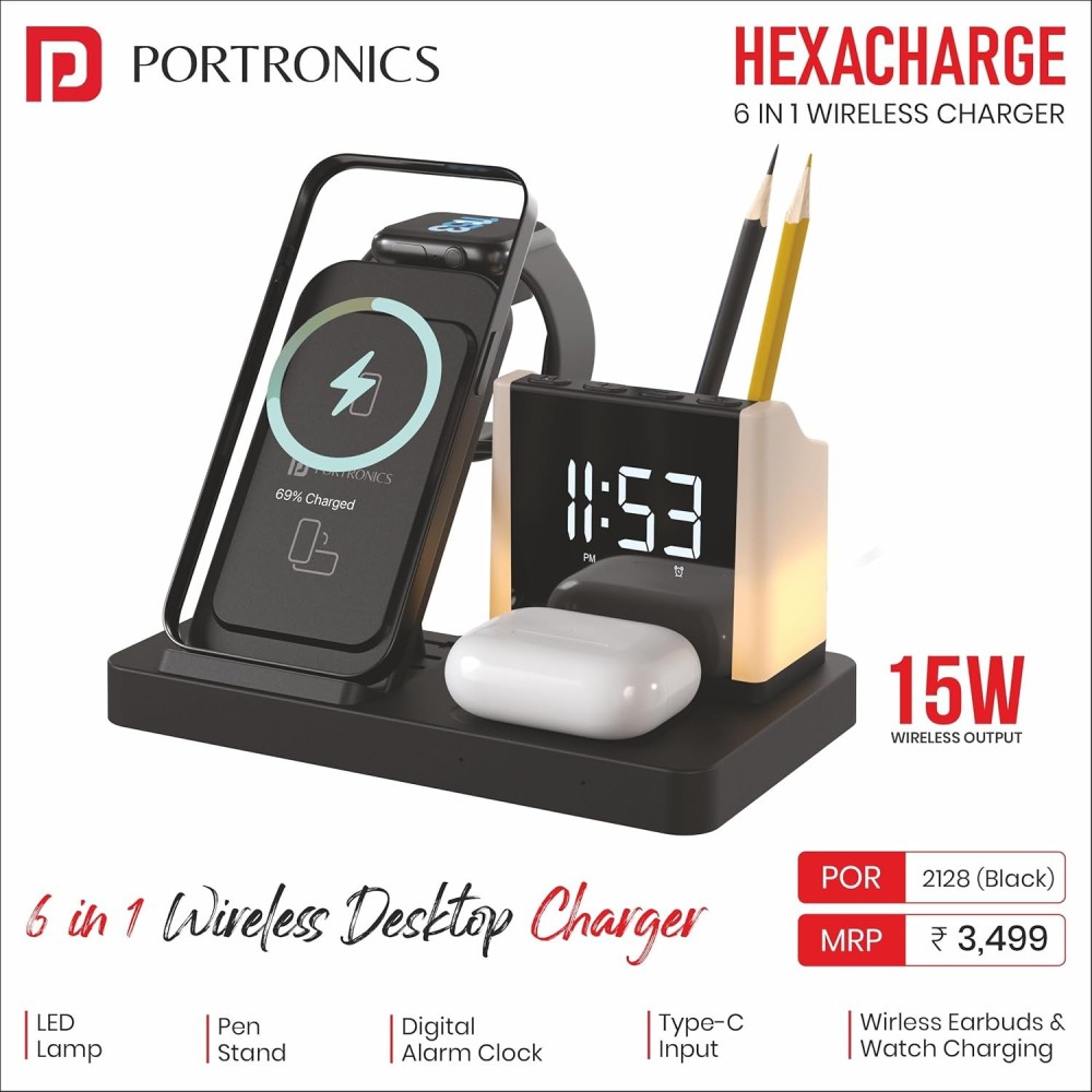 Portronics HexaCharge 6-in-1 15W Fast Magnetic Wireless Charger with LED Lamp & Pen Stand for iPhone 15/14/13/12 Series, Smartwatch & Wireless Earbuds(Black)