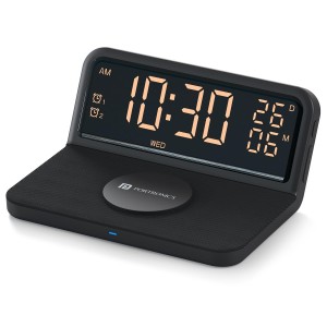Portronics Freedom 4E 15W Wireless Charger with Dual Alarm Clock & Date Display | Soft Fabric Qi Fast Charging Pad | 3 Display Modes | Compatible with iPhone 17, 17 Air, 17 Pro, 17 Pro Max, iPhone 16/15/14/13/12 Series(Black)
