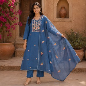 Beautiful Dark Blue Kota Cotton 3 Piece Suit Set for Women with Handwork Yoke, Cotton Lining, Embroidered Dupatta, 3/4 Sleeves, Ethnic Salwar Suit, Traditional Cotton Dress Set