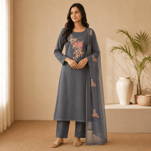 Beautiful Dark Grey Kota Cotton 3 Piece Suit Set for Women with Handwork Yoke, Cotton Lining, Embroidered Kota Cotton Dupatta, 3/4 Sleeves, Ethnic Salwar Suit, Traditional Dress, Festive Wear