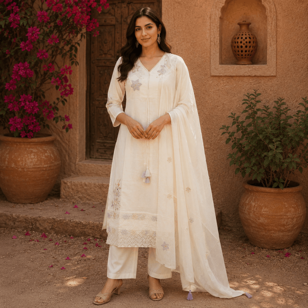 Beautiful Plus Size Mul Cotton Half White Embroidered 3 Piece Kurta Set with Dupatta & Pants for Women, Elegant Ethnic Wear - (CMHT0421)