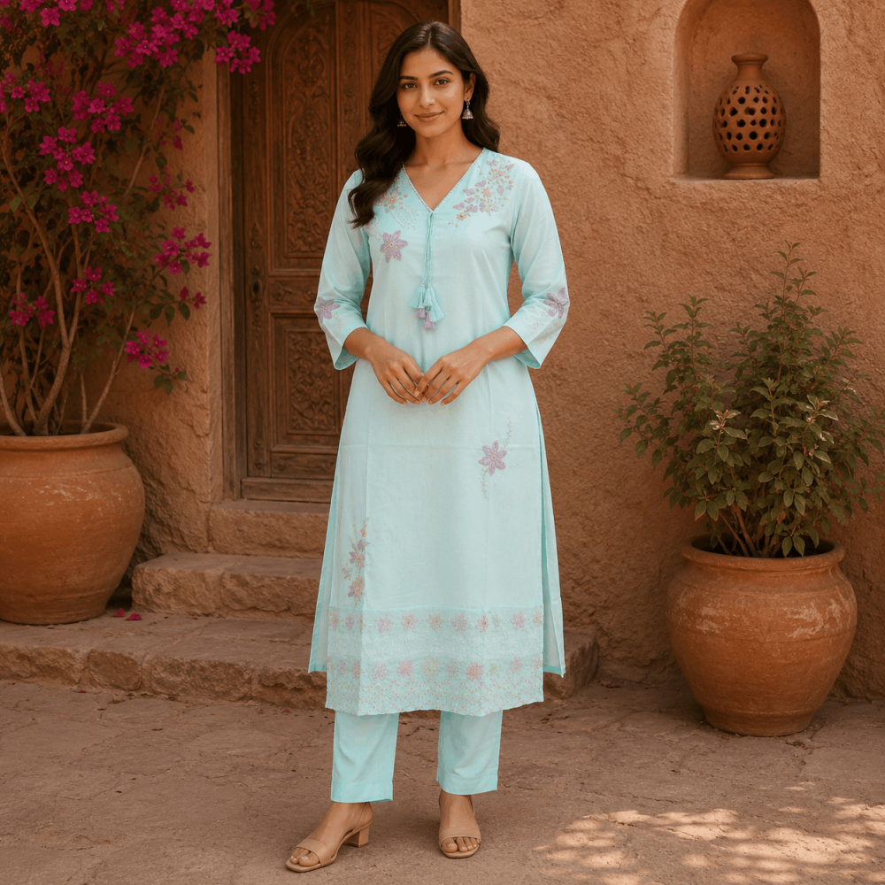 Beautiful Plus Size Mul Cotton Sky Blue Embroidered 3 Piece Kurta Set with Dupatta & Pants for Women, Soft Cotton Ethnic Wear - (CMHT0420)