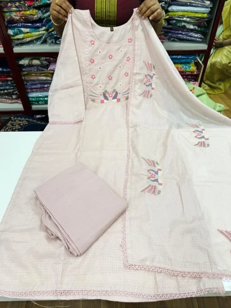 Beautiful Light Baby Pink Kota Cotton 3 Piece Suit Set for Women with Handwork Yoke, Cotton Lining, 3/4 Sleeves, Embroidered Kota Cotton Dupatta, Ethnic Salwar Suit Set, Traditional Indian Dr