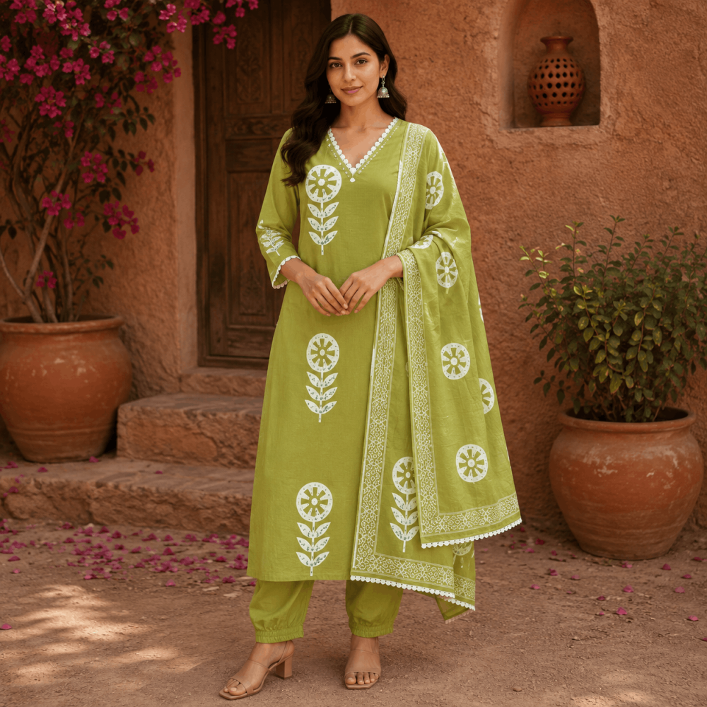 Beautiful Plus Size Olive Green Cotton 3 Piece Suit Set for Women with Printed Dupatta & Pants, Ethnic Kurta Set - (CMHT0408)