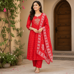Designer Red Color 3 Piece Cotton Suit Set for Women | Soft Cotton Embroidered Kurta, Free Size Bottom & Soft Cotton Dupatta | Ethnic Wear, Casual, Festive & Daily Wear