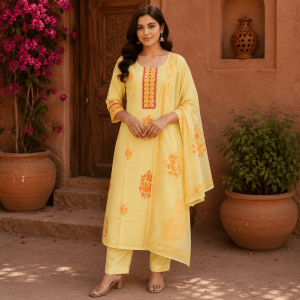 Beautiful Plus Size Light Yellow Cotton 3 Piece Kurta Set for Women with Printed Dupatta & Straight Pants, Ethnic Salwar Suit - (CMHT0371)