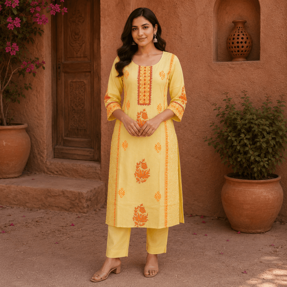 Beautiful Plus Size Light Yellow Cotton 3 Piece Kurta Set for Women with Printed Dupatta & Straight Pants, Ethnic Salwar Suit - (CMHT0371)