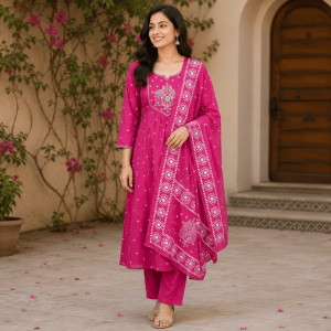Designer Pink Soft Cotton 3 Piece Suit Set for Women | Embroidered Kurta with Free Size Bottom & Soft Cotton Dupatta | Ethnic Casual Wear