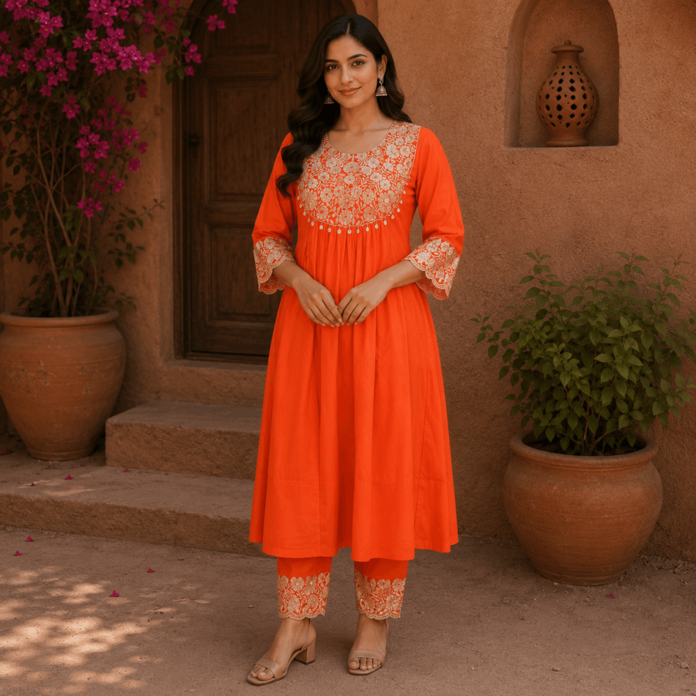 Beautiful Plus Size Orange Cotton Blend Embroidered 3 Piece Kurta Set with Organza Dupatta for Women, Ethnic Wear - (CMHT0357)