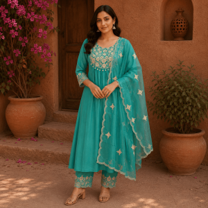 Beautiful Plus Size Light Sea Green Embroidered 3 Piece Kurta Set with Matching Dupatta & Pants for Women, Premium Ethnic Wear - (CMHT0356)