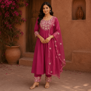 Beautiful Plus Size Magenta Pink Embroidered 3 Piece Kurta Set with Organza Dupatta & Matching Pants for Women, Premium Ethnic Wear - (CMHT0355)