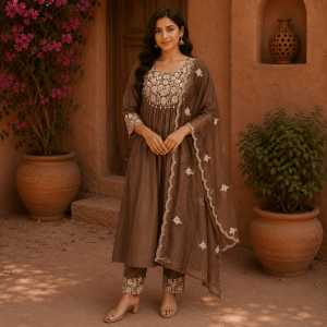 Beautiful Plus Sizes Brown Colour Embroidered 3 Pc Kurta Palazzo Dupatta Set for Women, Traditional Ethnic Wear - (CMHT0354)