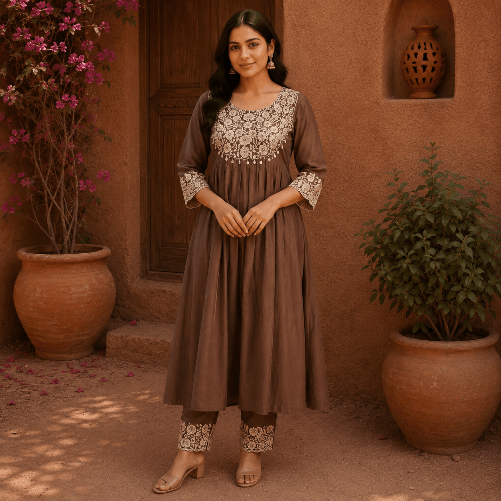 Beautiful Plus Sizes Brown Colour Embroidered 3 Pc Kurta Palazzo Dupatta Set for Women, Traditional Ethnic Wear - (CMHT0354)