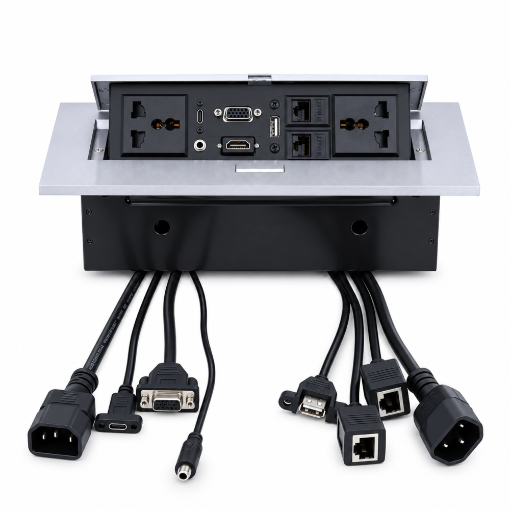 UPORT USB-C Pop Up Table Power Socket with HDMI, VGA, USB, LAN & 3.5mm Audio, 10-Module Hydraulic Hidden Power Box for Office Desk & Conference Table - (Silver)