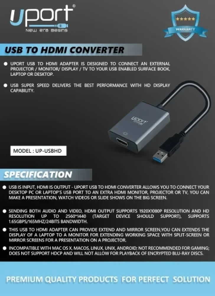 UPORT USB 3.0 to HDMI Converter 1080P Dual Display Adapter for PC & Projector (UP-USBHD)