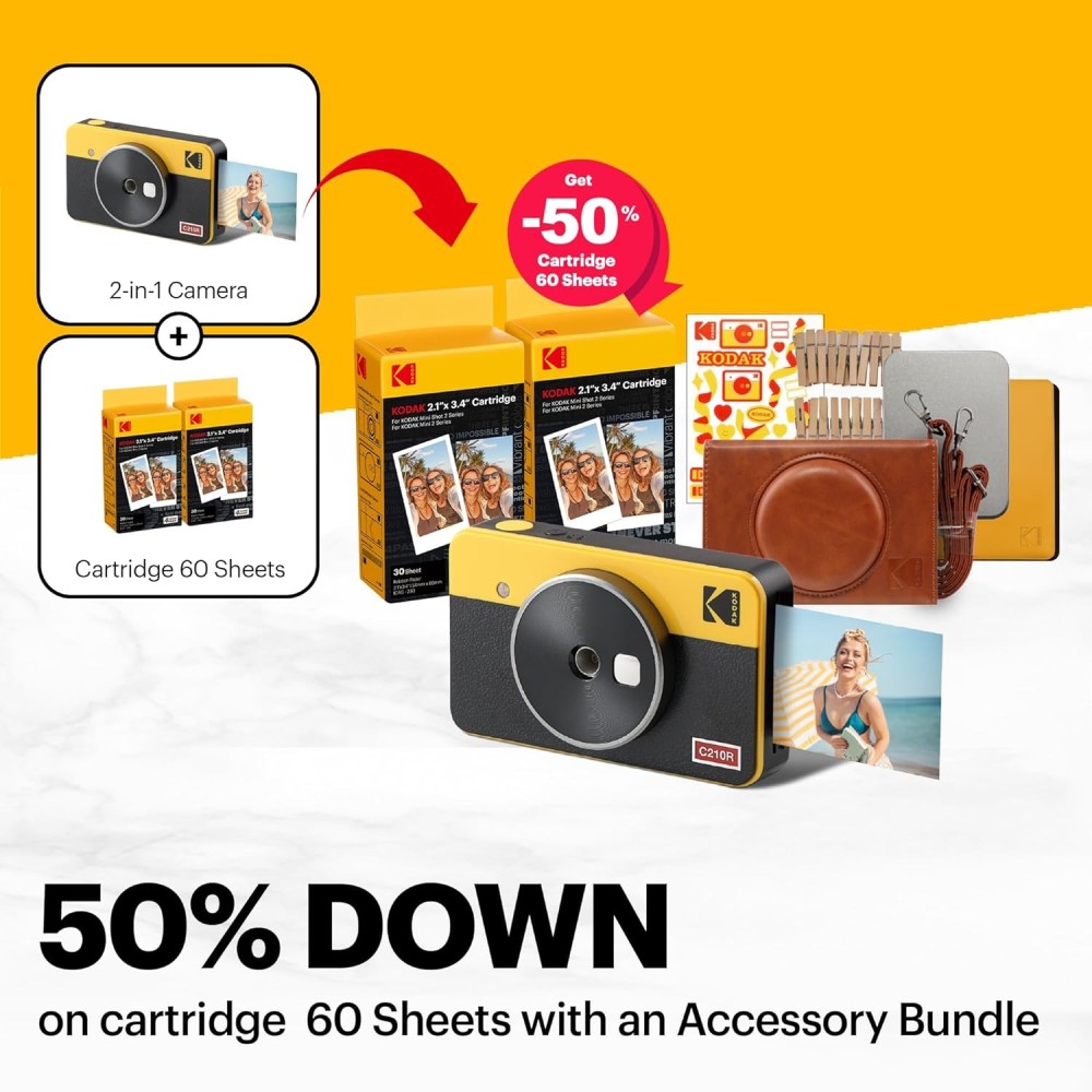 KODAK Mini Shot 2 Retro 4PASS 2-in-1 Instant Camera & Photo Printer (2.1 x 3.4 Inch) with 68 Photo Sheets Gift Bundle – (White)