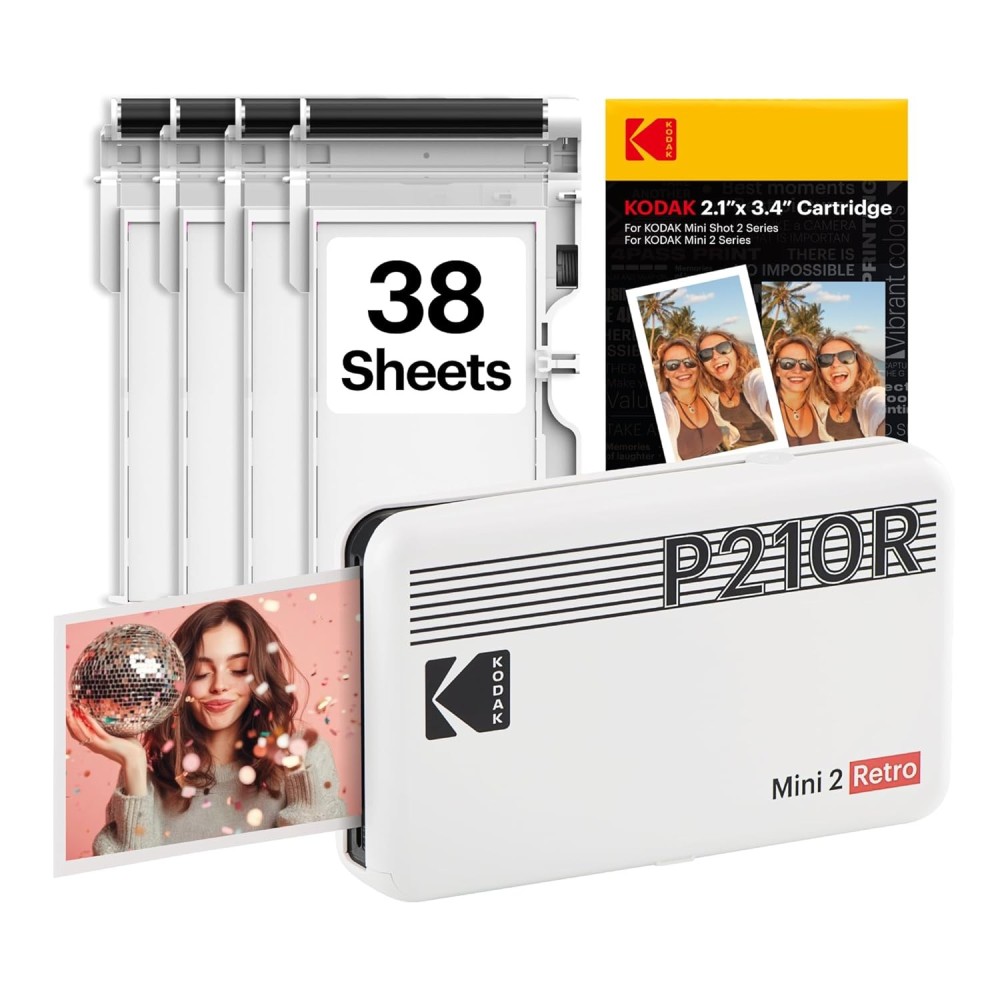 Kodak Mini 2 Retro Portable Photo Printer + 38 Sheets Bundle-(White)